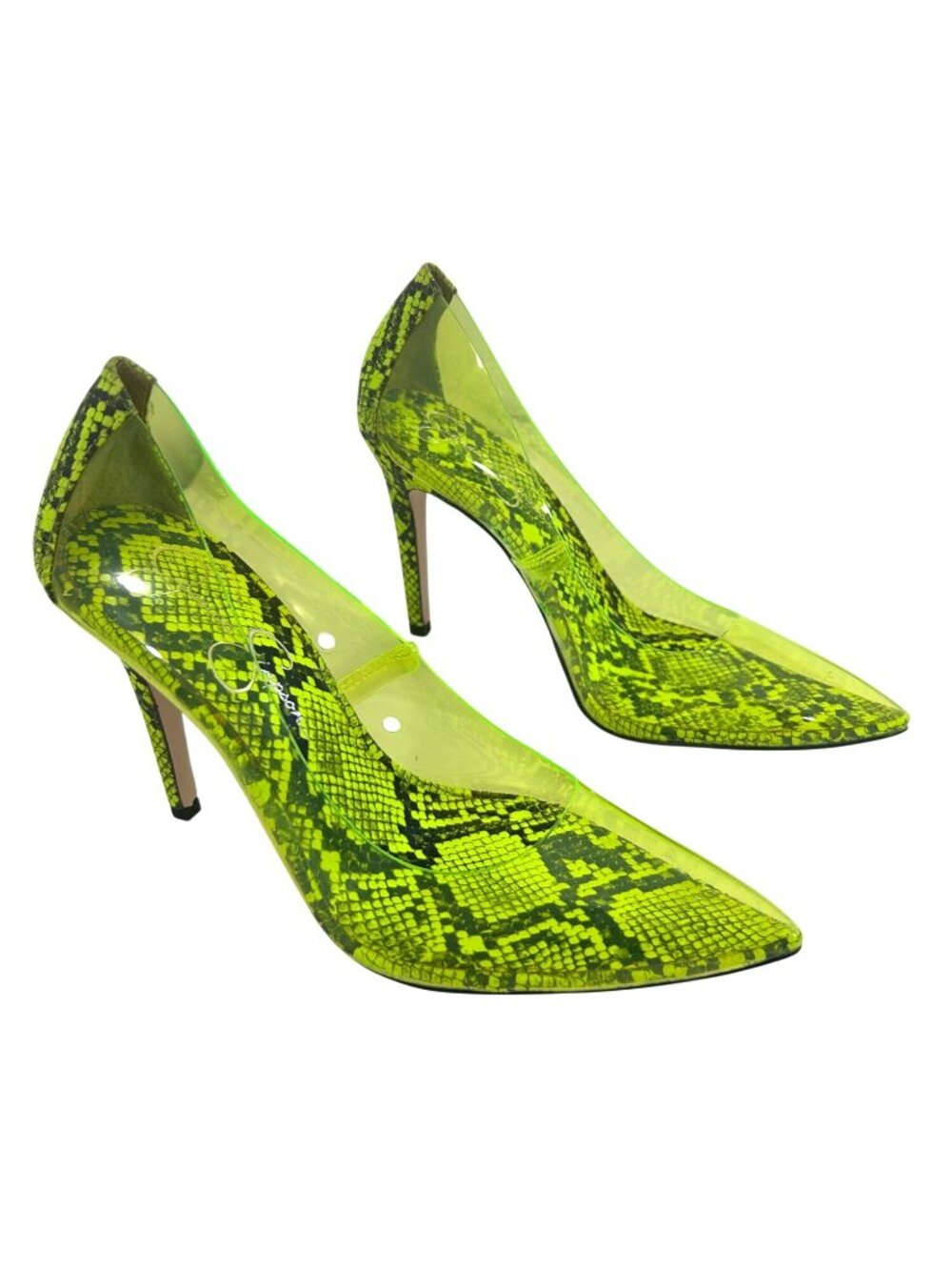 Jessica Simpson Pumps 7.5 M 38 Neon Green Clear Faux Snakeskin Pointed Toe 4”